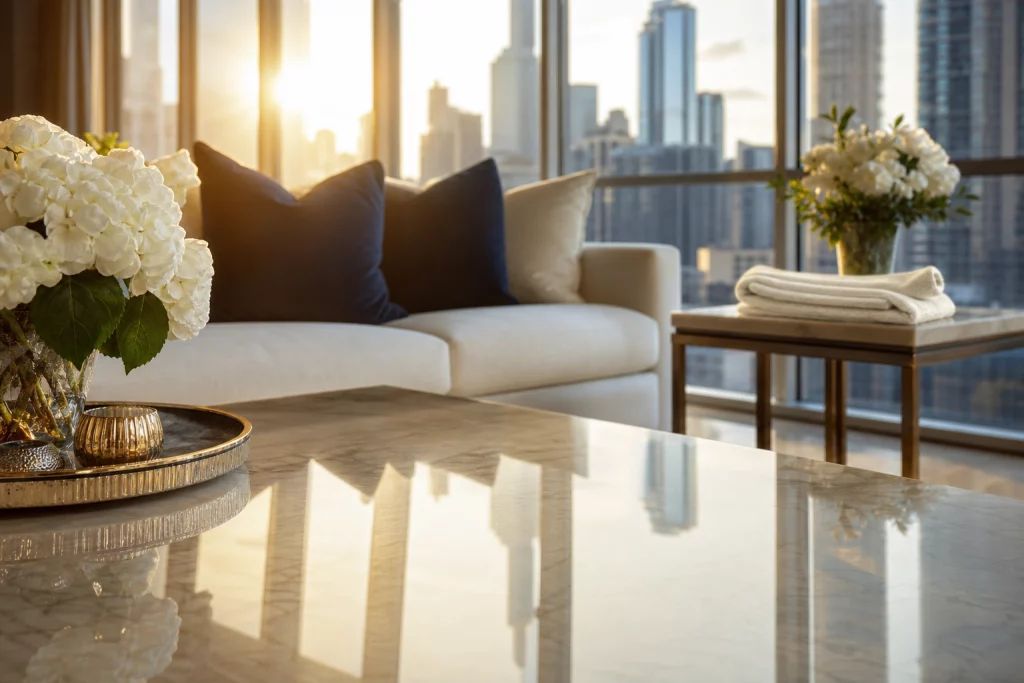 Polished quartz coffee table reflecting Chicago skyline through floor-to-ceiling windows in a spotless luxury South Loop apartment after a professional maid service