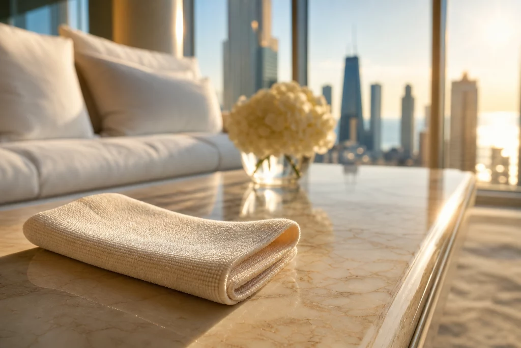 Folded microfiber cloth on a gleaming marble coffee table in a luxury Streeterville apartment with Chicago skyline through floor-to-ceiling windows